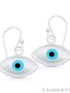 Mother-of-Pearl Evil Eye Luck Charm Dangling Earrings in .925 Sterling Silver